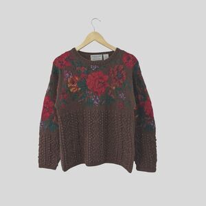 Vintage Northern Isles Medium Hand-Knitted Pullover Floral Sweater Womens READ